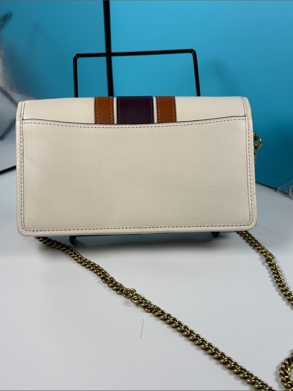 Coach Callie Foldover Chain Clutch Cream With Plum Varsity Stripe - Picture 2 of 15